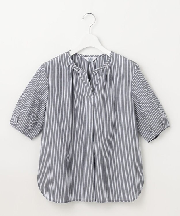 J.PRESS LADIES 【洗える】BEZ空羽ストライプ クルーネック V開き ブラウス ネイビー系1