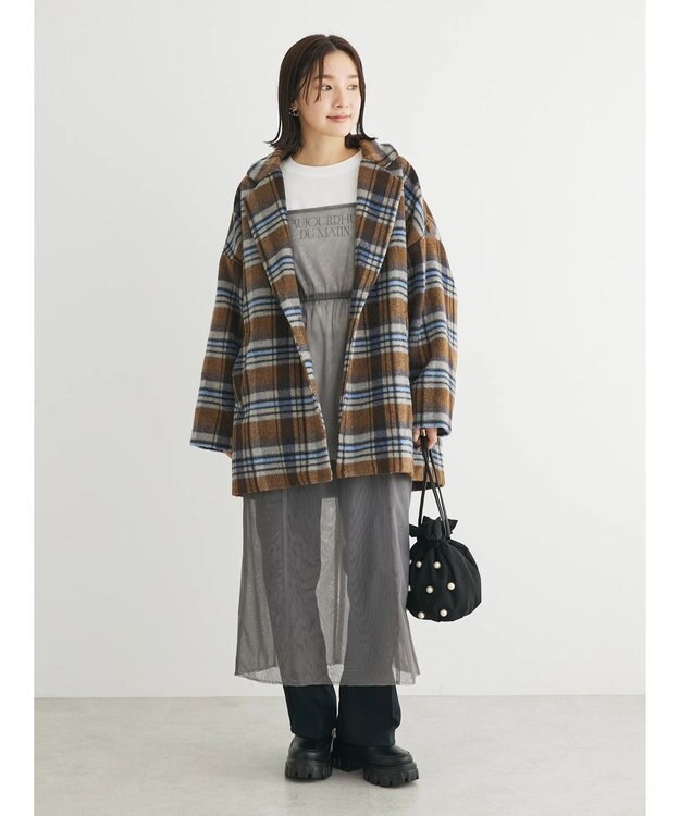 Green Parks ・ＥＬＥＮＣＡＲＥ　ＤＵＥ　シャギーチェックミドルコート Brown