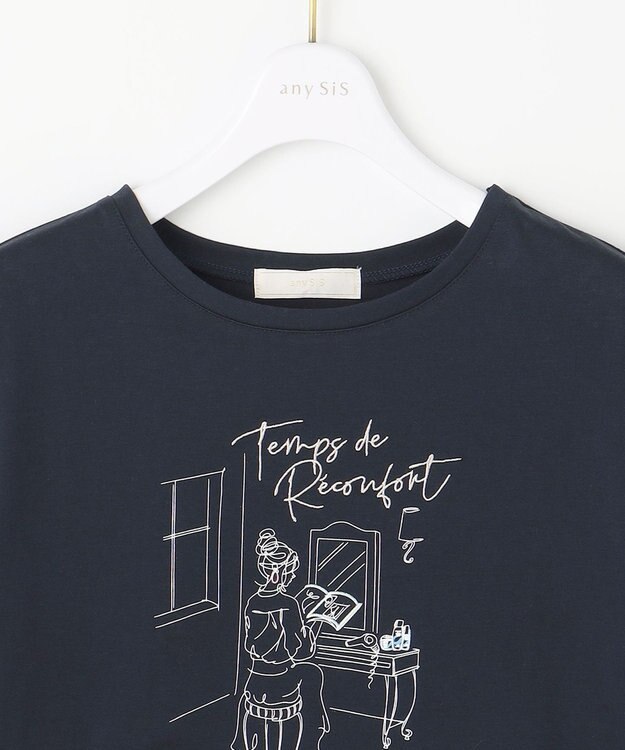 ANY SIS L 線画×刺繍ロゴ Tシャツ ネイビー×サロン