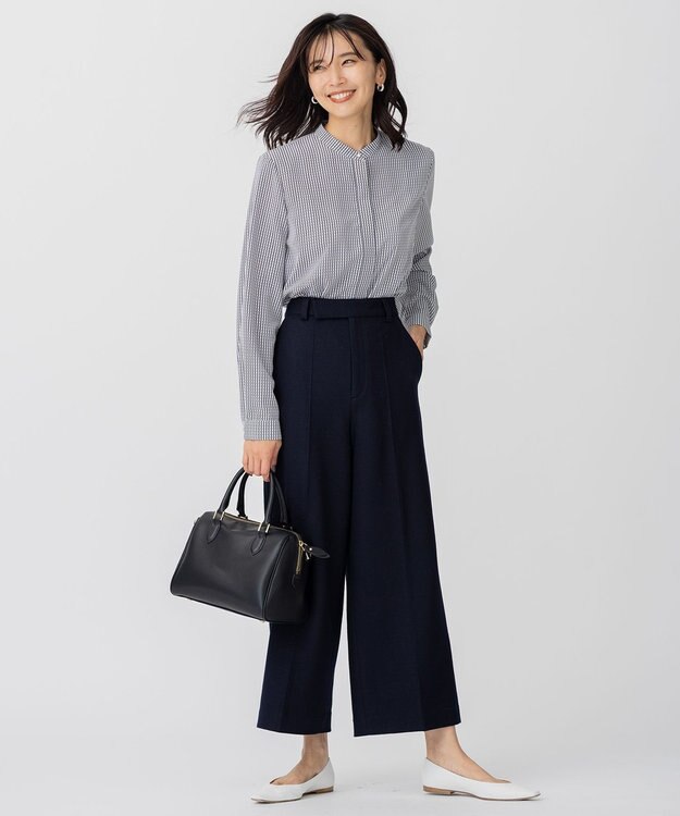 23区 L ハウンドトゥースプリント スタンドカラー ブラウス ブラック千鳥柄