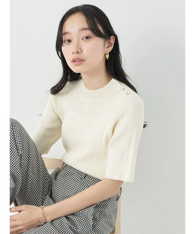 earth music&ecology ショルダーボタンリブニットプルオーバー Ivory