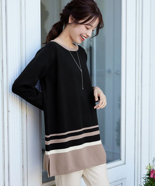 Tiaclasse L 【洗える】カラー配色ニットチュニック ブラックモカ