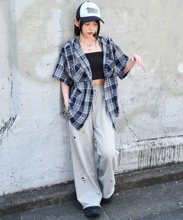 WEGO フードチェックBIGシャツ（S） ネイビー