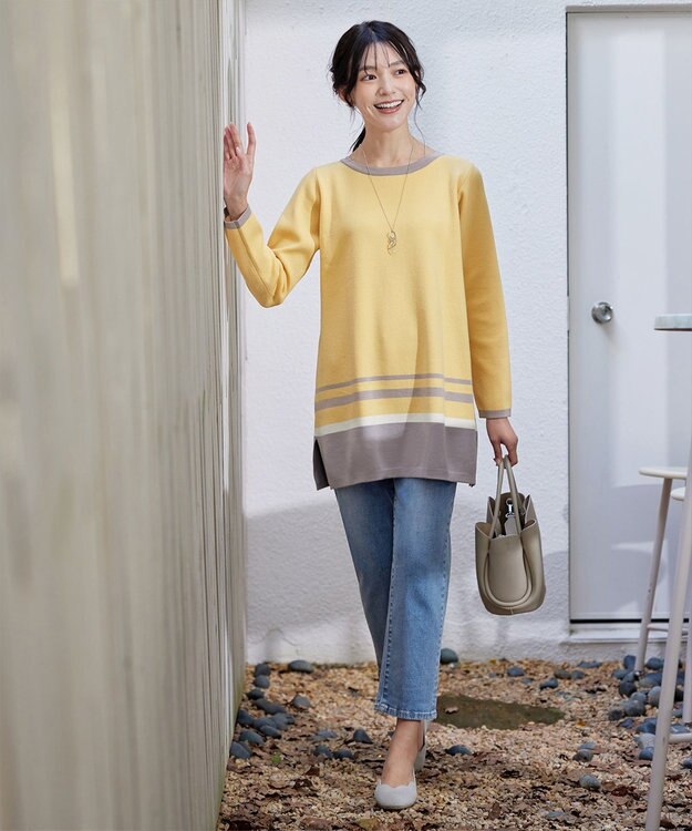 Tiaclasse L 【洗える】カラー配色ニットチュニック イエローグレー