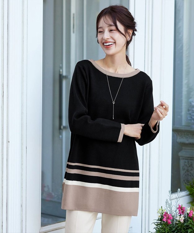 Tiaclasse L 【洗える】カラー配色ニットチュニック ブラックモカ