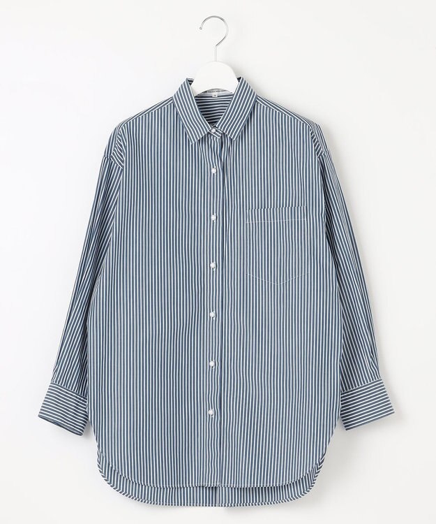 23区 【洗える】CANCLINI ポケット付き パールボタン シャツブラウス ブルー×ホワイトストライプ