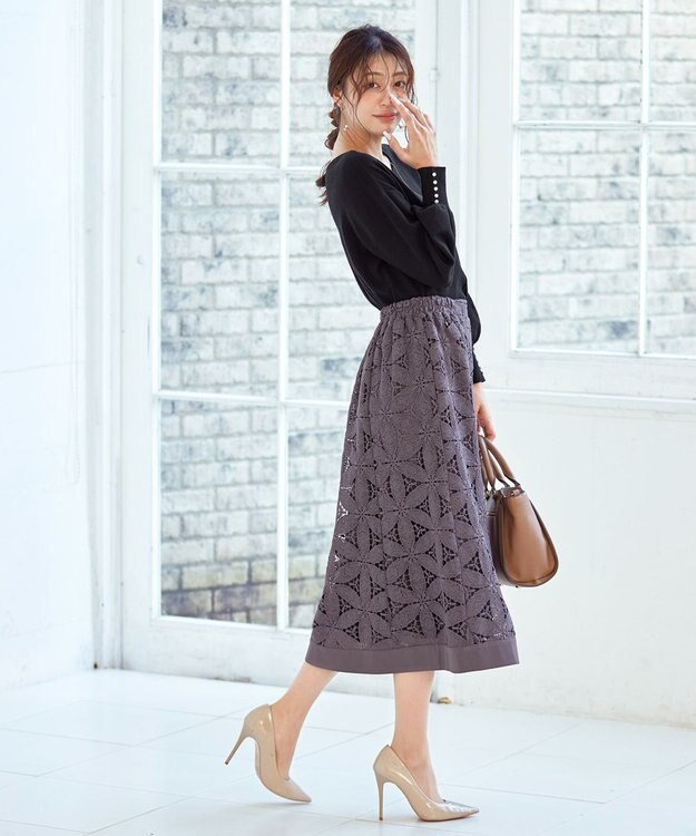 Tiaclasse L 【洗える】花柄レースマーメイドスカート モカ