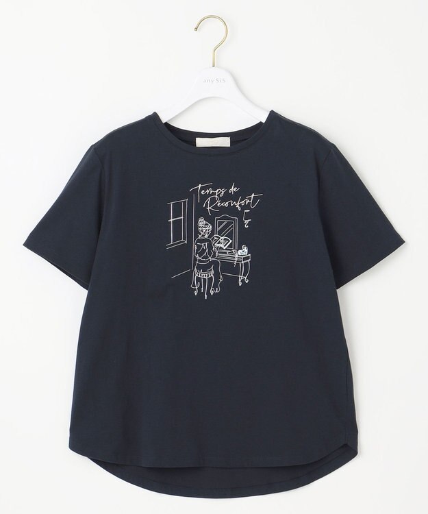 ANY SIS L 線画×刺繍ロゴ Tシャツ ネイビー×サロン
