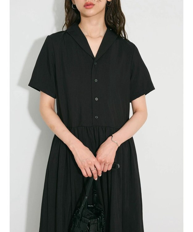 Green Parks ローウエスト切替開襟シャツワンピース Black