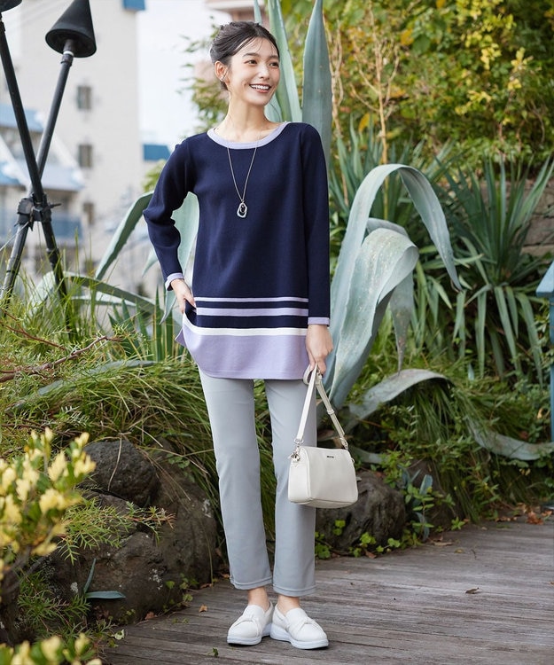 Tiaclasse L 【洗える】カラー配色ニットチュニック ネイビーラベンダー