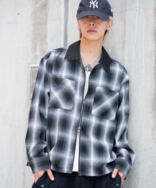 WEGO 【ユニセックス着用ITEM/MLサイズ展開】オンブレチェックシャツジャケット ブラックチェック1