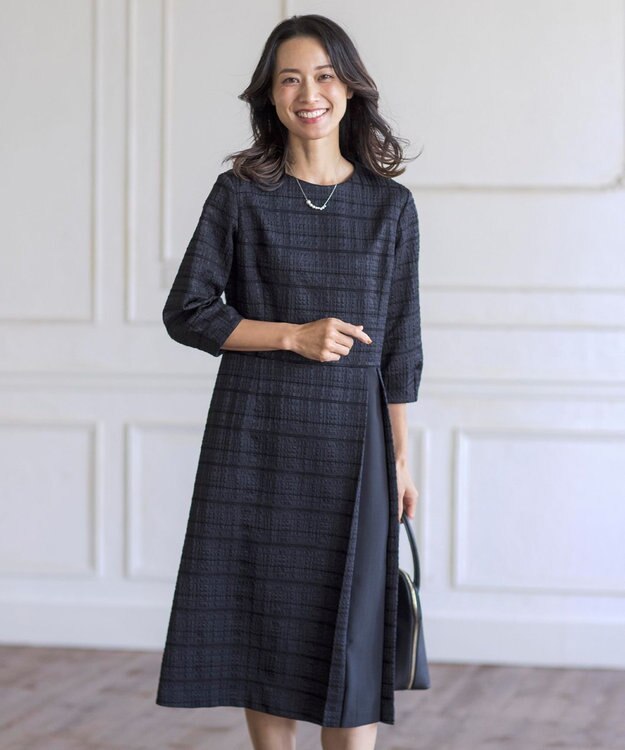 J.PRESS LADIES L SIMMOD ジャカード ボリュームスリーブ ワンピース ダークネイビー系