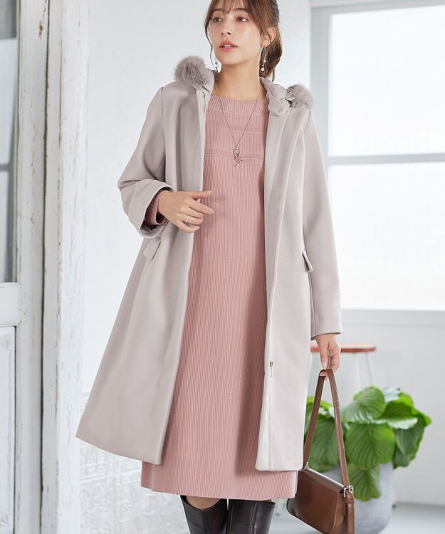 Tiaclasse 2WAYフード付きフェイクウールコート グレージュ