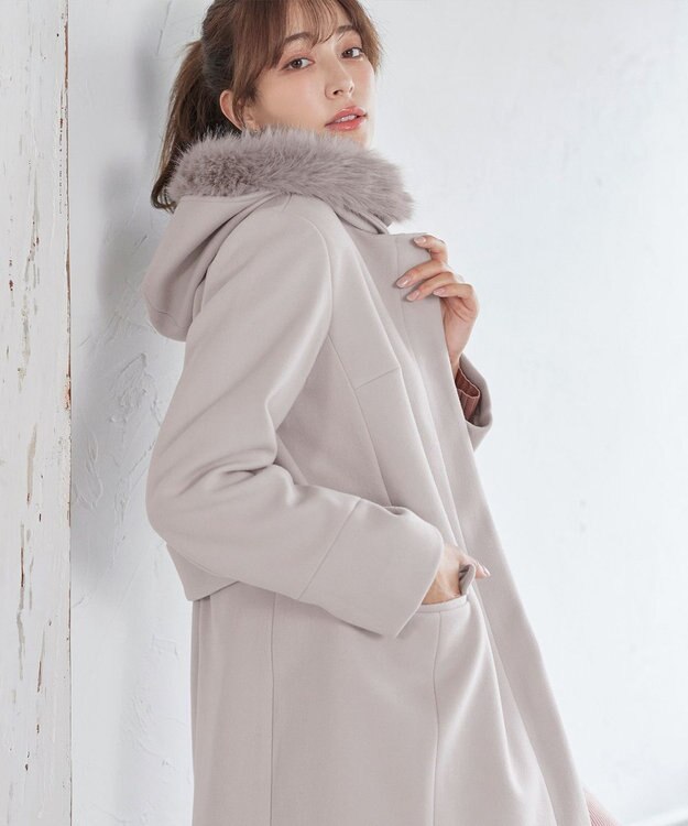 Tiaclasse 2WAYフード付きフェイクウールコート グレージュ