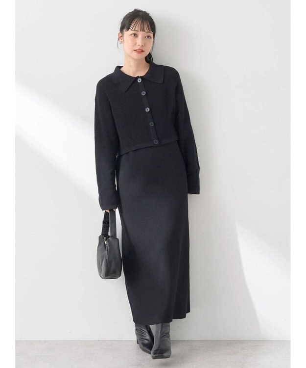earth music&ecology ＳＥＴ２点襟付きカーディガン＋ニットワンピース Black