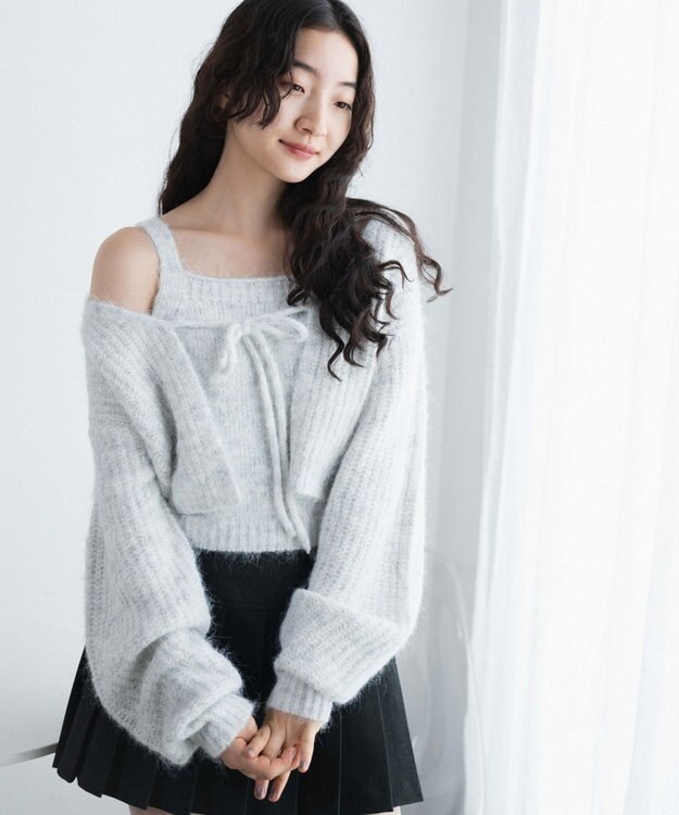 WEGO アンサンブルニットリボンカーデ ライトグレー