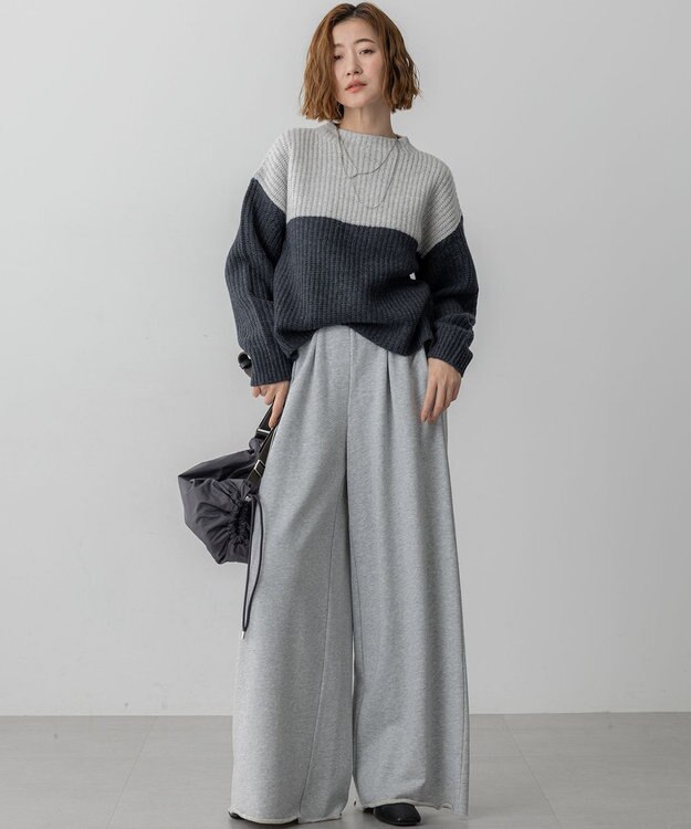 23区 S 【洗える】ウールカシミヤ カラーブロック バルキー ニット ライトグレー×ミッドグレー