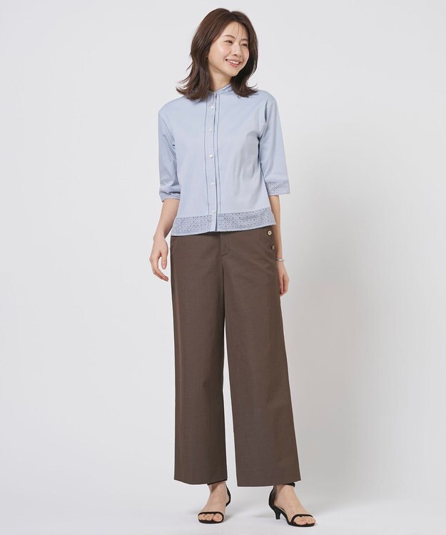 J.PRESS LADIES L 麻シェルドライ ワイド ストレート パンツ ダークブラウンシャンブレー系