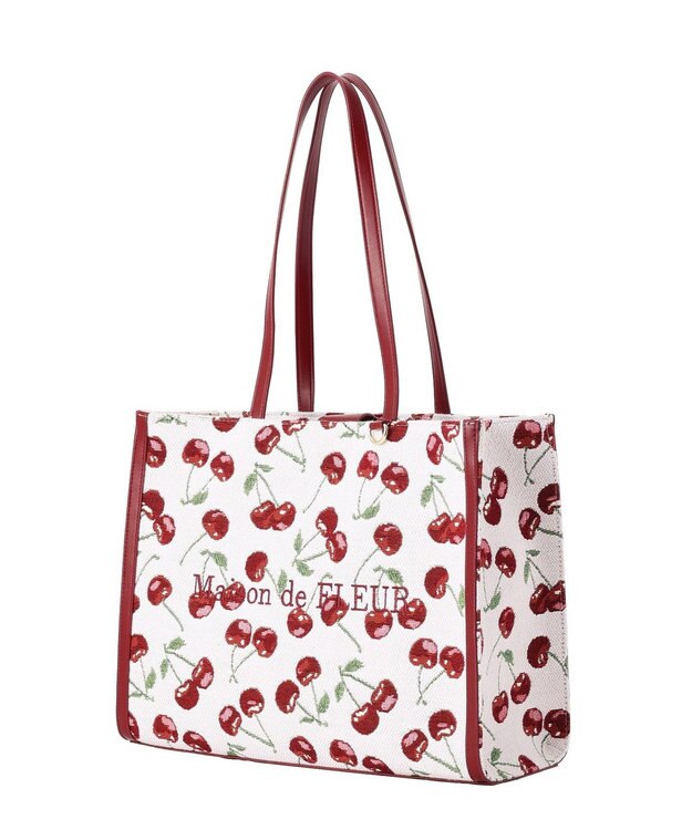 Maison de FLEUR チェリー柄ゴブランスクエアトートバッグ Red
