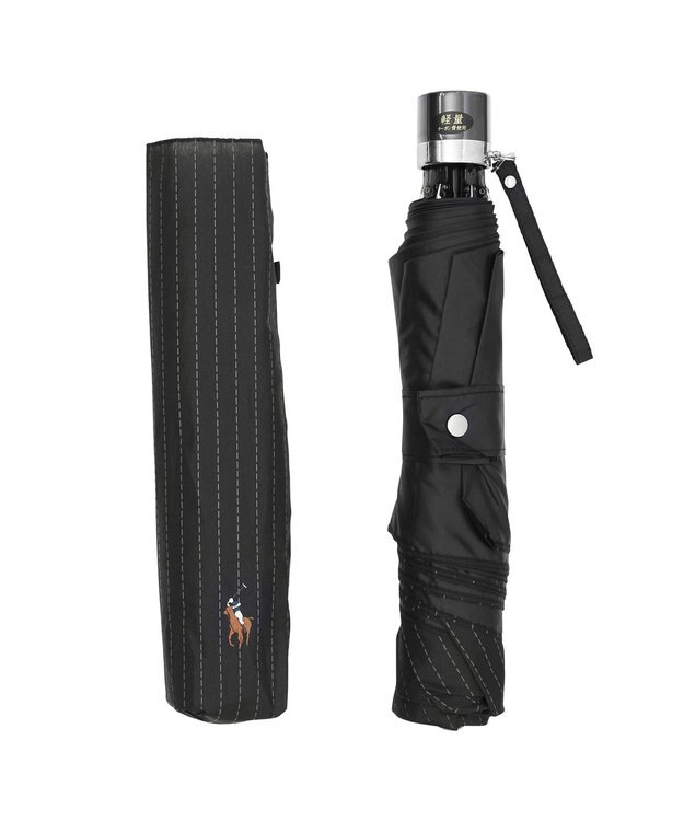 MOONBAT POLO RALPH LAUREN 折りたたみ傘 メンズ ストライプ ワンポイント刺繍 大きめ60cm ブラック