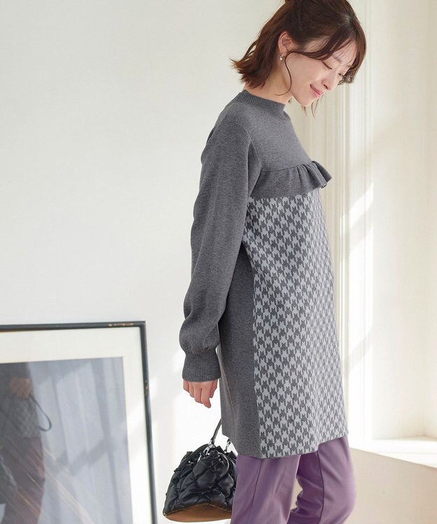 Tiaclasse L 【洗える】ジャカードフリルチュニック チャコールグレー