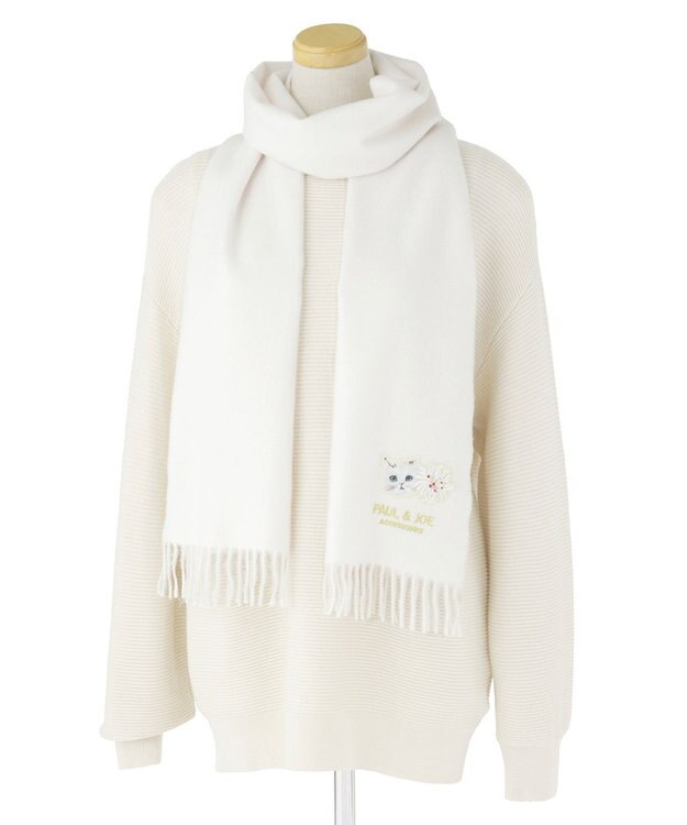 MOONBAT PAUL & JOE ACCESSOIRES ジプシー×クリザンテームワッペン付きムースタッチマフラー（パッケージ入り） オフホワイト