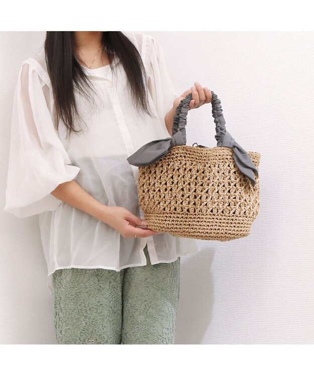 UNBILLION カシュカシュ cachecache / 下がりリボン柄編みトート GY