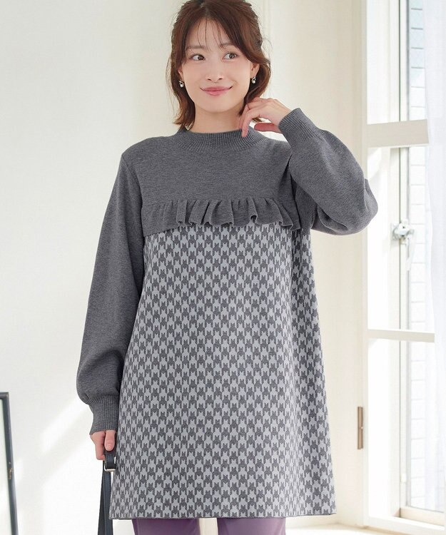 Tiaclasse L 【洗える】ジャカードフリルチュニック チャコールグレー