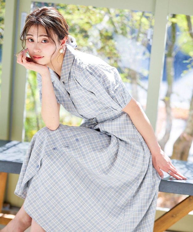 Tiaclasse 【洗える】開襟シャツワンピース ブルーチェック