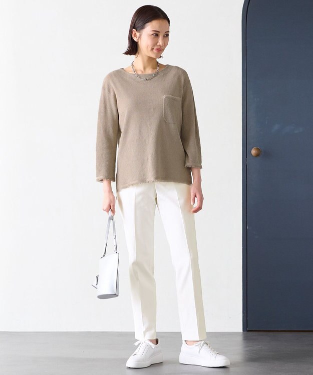 自由区 L 【洗える】リネンフリンジディテール8分袖 ニット ベージュ系