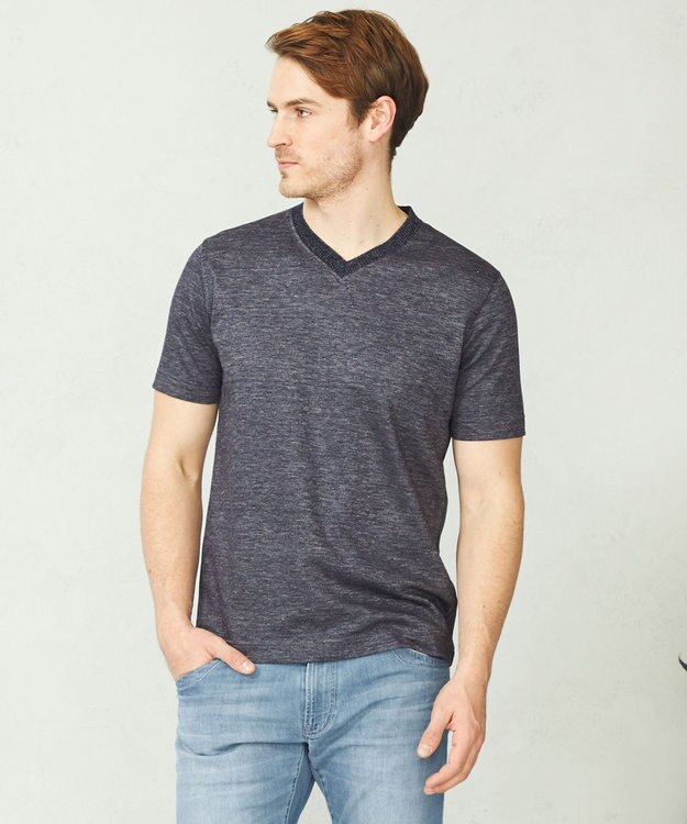 JOSEPH ABBOUD 【吸水速乾】リネンハニカムTシャツ ダルブルー系