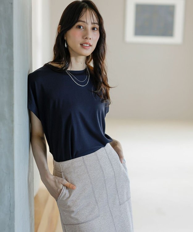 ANY SIS 【接触冷感・UVカット・洗える】ハイストレッチスムースフレンチスリーブ カットソー ネイビー