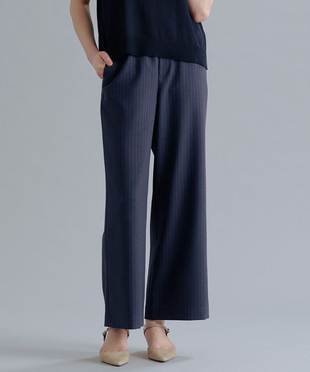 J.PRESS LADIES ペンシル SLUB STRIPE ワイド イージー パンツ ネイビーストライプ系