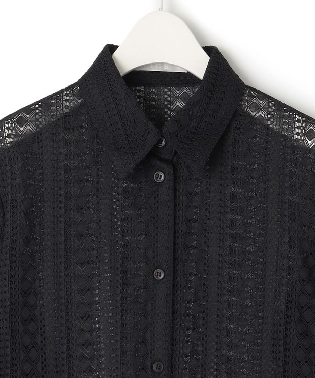 ICB 【洗える】 ストライプラッセルレース シャツ ブラック系