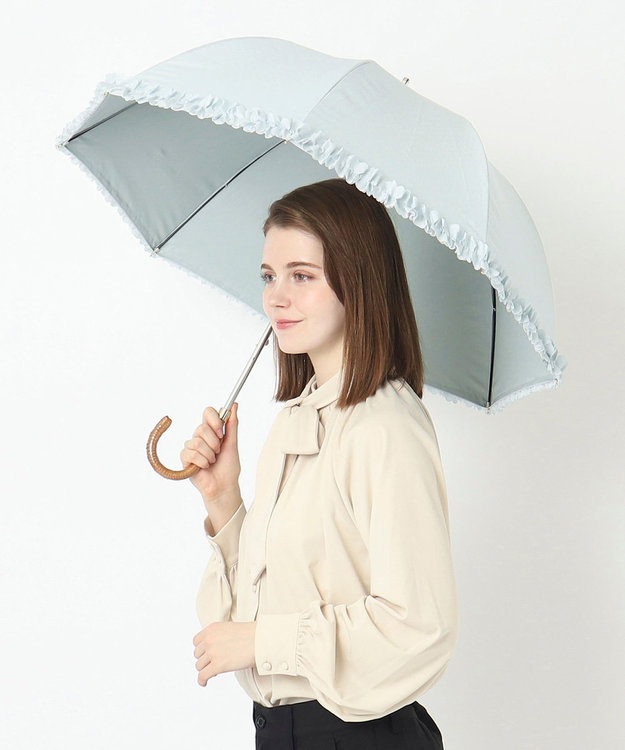 MOONBAT ランバン オン ブルー 晴雨兼用日傘 長傘 ドビー×フリル 遮光 遮熱 UV オリーブグレー