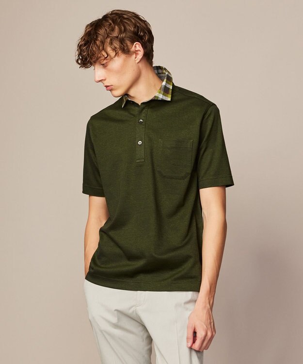 JOSEPH ABBOUD 【リネン素材/清涼感/吸水速乾】リネンハニカム 半袖 ポロシャツ ダークグリーン系