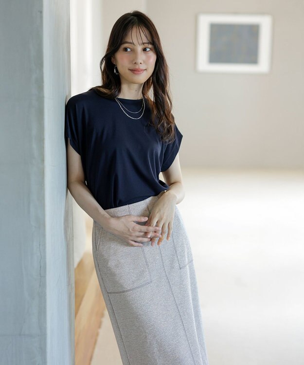 ANY SIS 【接触冷感・UVカット・洗える】ハイストレッチスムースフレンチスリーブ カットソー ネイビー