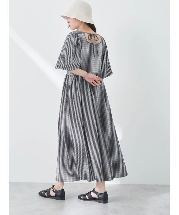 earth music&ecology ボリュームスリーブＣｈｅｃｋワンピース Black