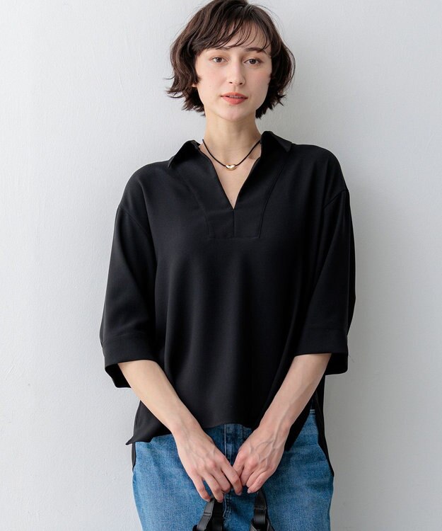 23区 ストレッチジョーゼット スキッパー ブラウス ブラック系