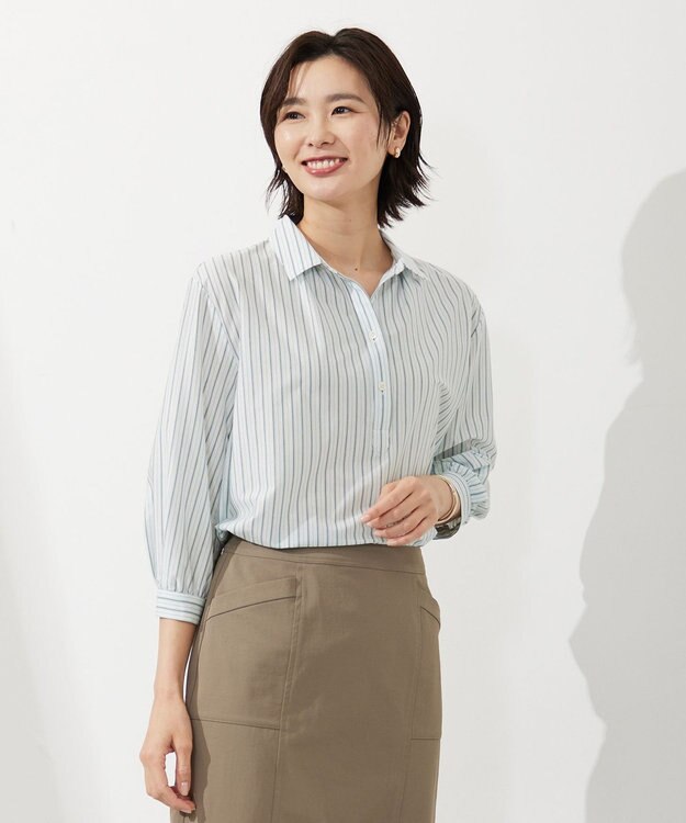 J.PRESS LADIES 【イージーケア】STRIPE JERSEY シャツ衿 カットソー ホワイト系1