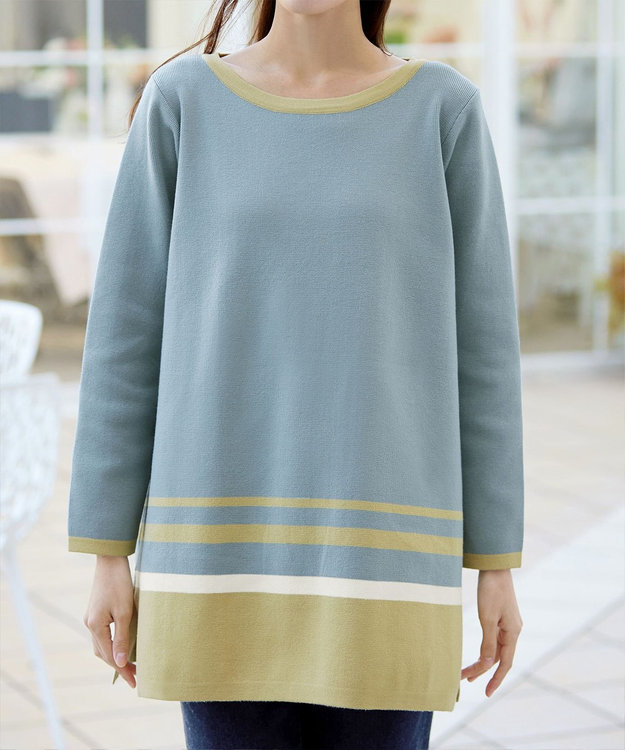Tiaclasse L 【洗える】カラー配色ニットチュニック サックスイエロー