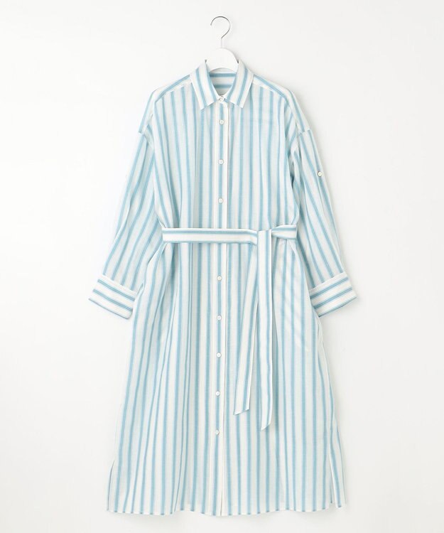 自由区 S 【洗える】テンセルリネンシャツワンピース オフ×ブルーストライプ