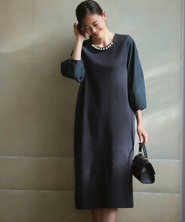 自由区 【洗える】パールディティールニット ワンピース ネイビー