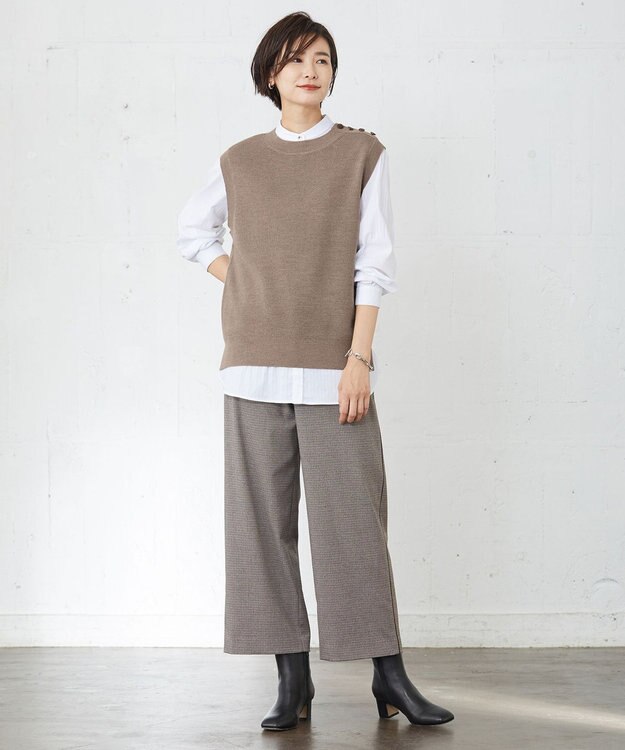 J.PRESS LADIES L 【洗える】Mixツイードチェック  セミワイド パンツ ブラウン系3