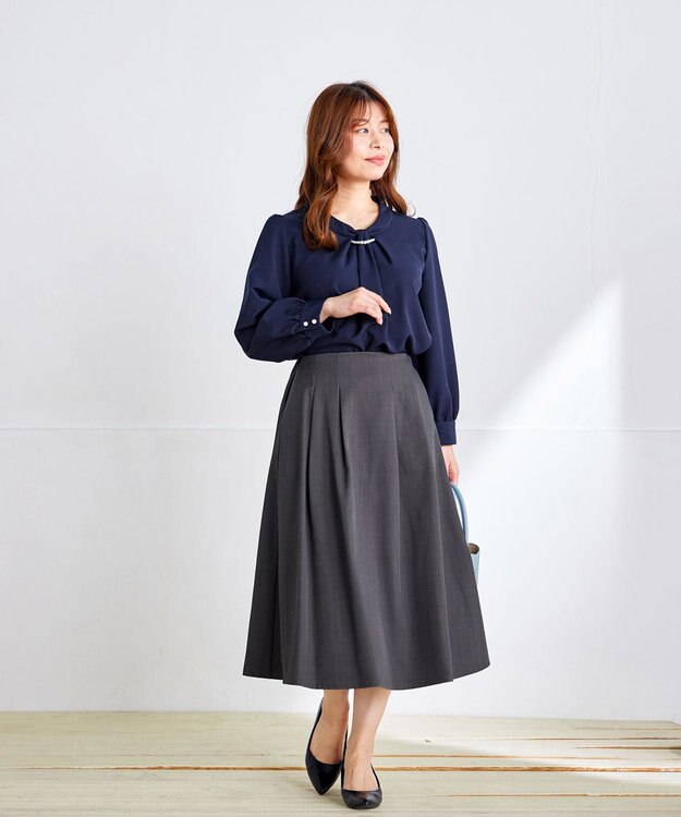 Tiaclasse L 【洗える】メランジツイルフレアスカート チャコールグレー