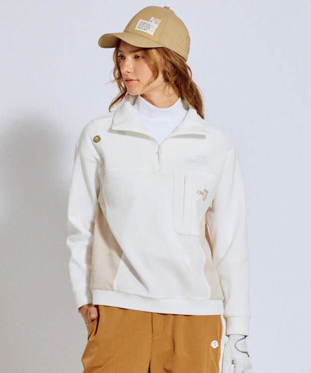 PW CIRCULUS 今が旬トップス！【ドライな肌触り / UV遮蔽率98.9% UVカット / ストレッチ】【WOMEN】ワッフルハーフジップ  ゴルフウェア レディース ホワイト系