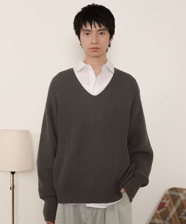 WEGO エルボーパッチVネックプルオーバー グレー