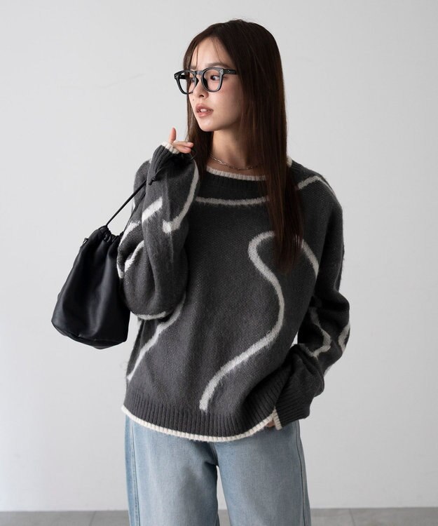 WEGO 【25年秋冬新作】ニュアンスライン配色プルオーバー ブラック中濃色