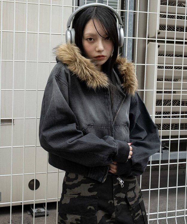 WEGO ファーフードデニムショートブルゾン デニムブラック