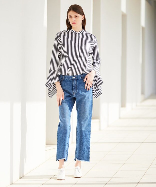 BEIGE， PERSIMMON / バンドカラーシャツ Black Stripe